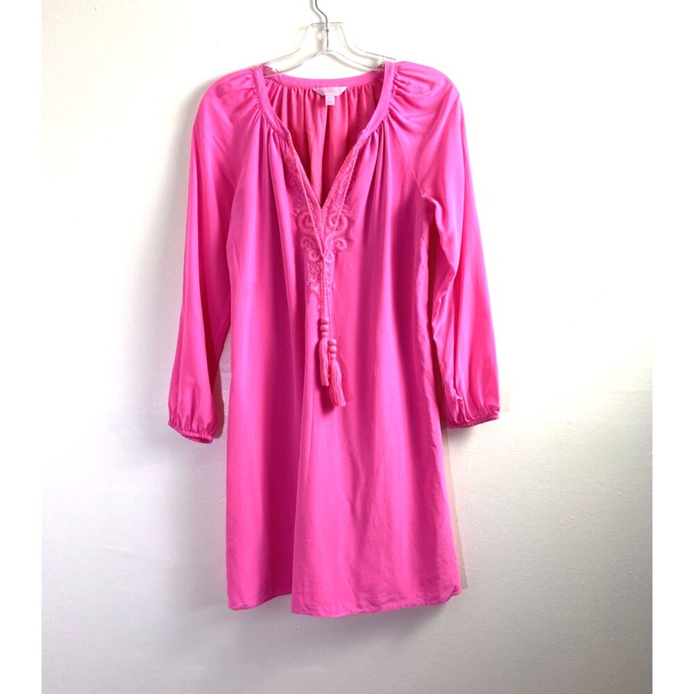 Lilly Pulitzer Roslyn 100% Silk Tunic Shift Dress S Hot Pink Embroidered Beaded